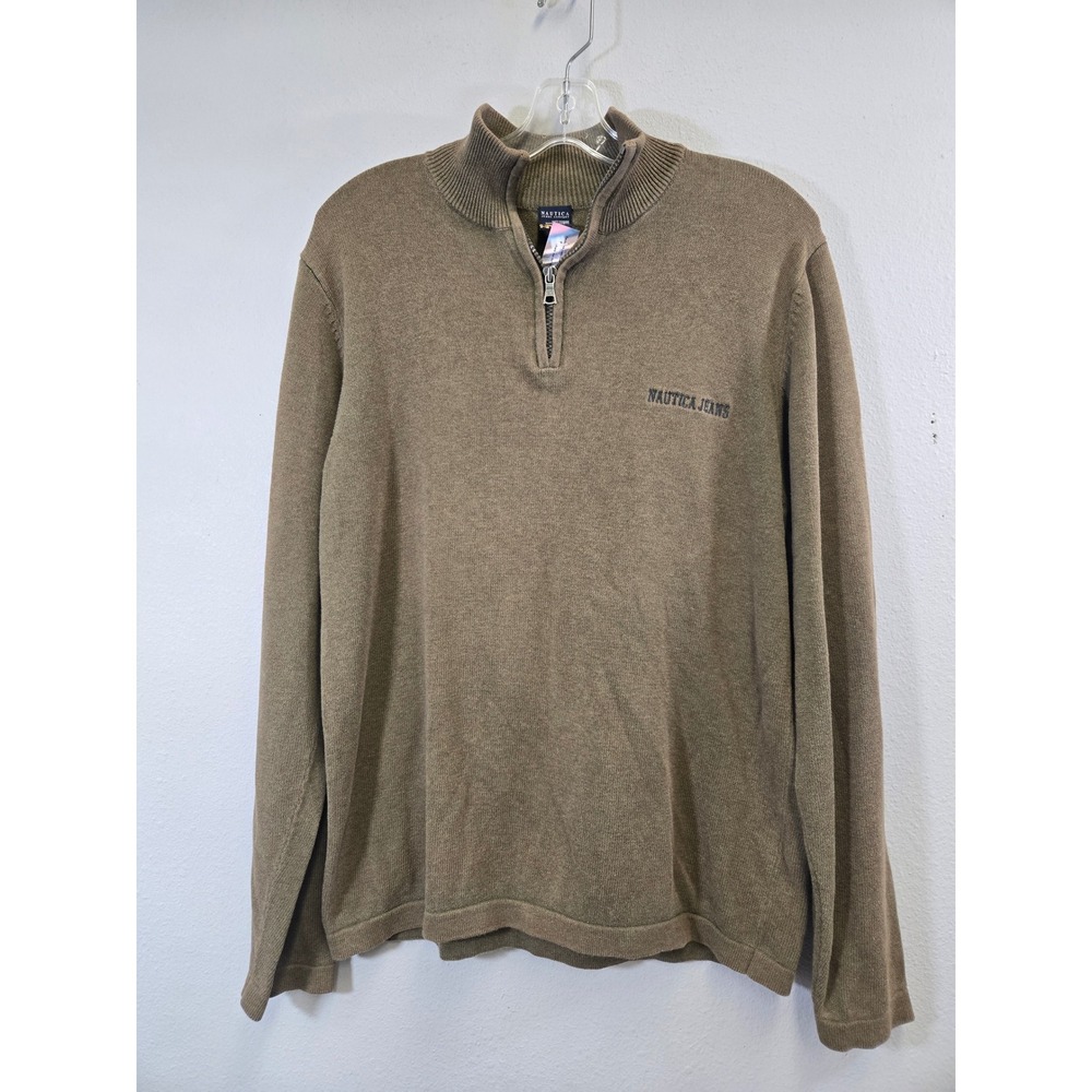 Nautica Jeans Olive Green Cotton Ribbed Mock Neck Quarter Zip Sweater Large